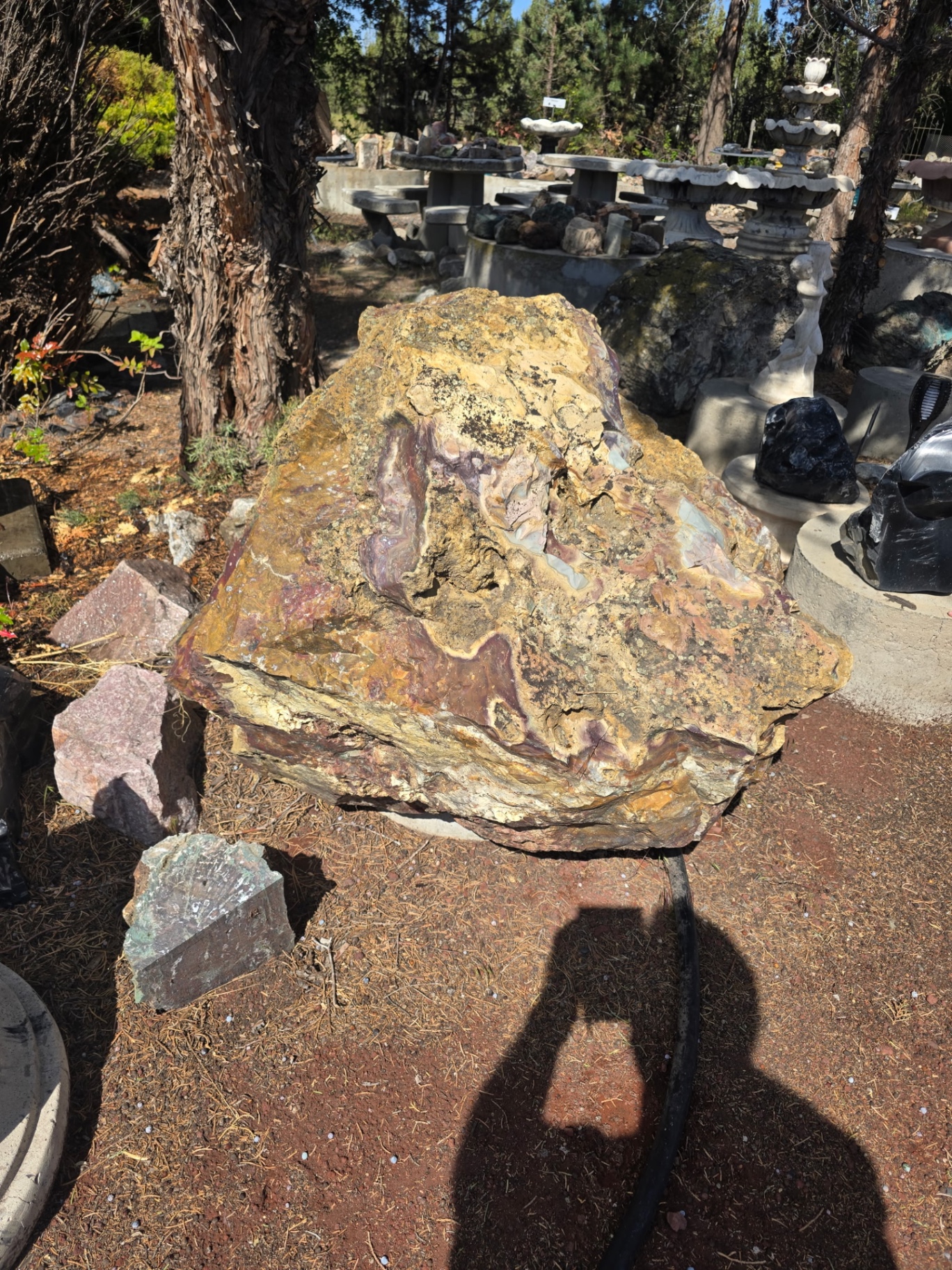 Yellow and purple jasper boulder displayed in the outdoor yard
