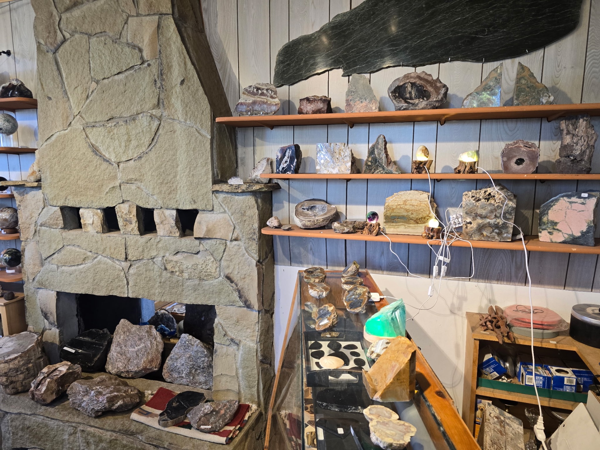 Stone fireplace surrounded by petrified wood and mineral specimens