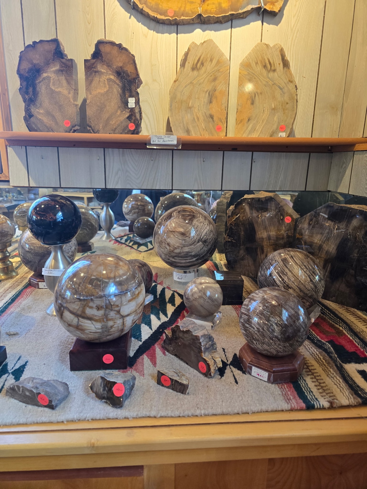 Petrified wood spheres and slabs on display at Madani Rock World