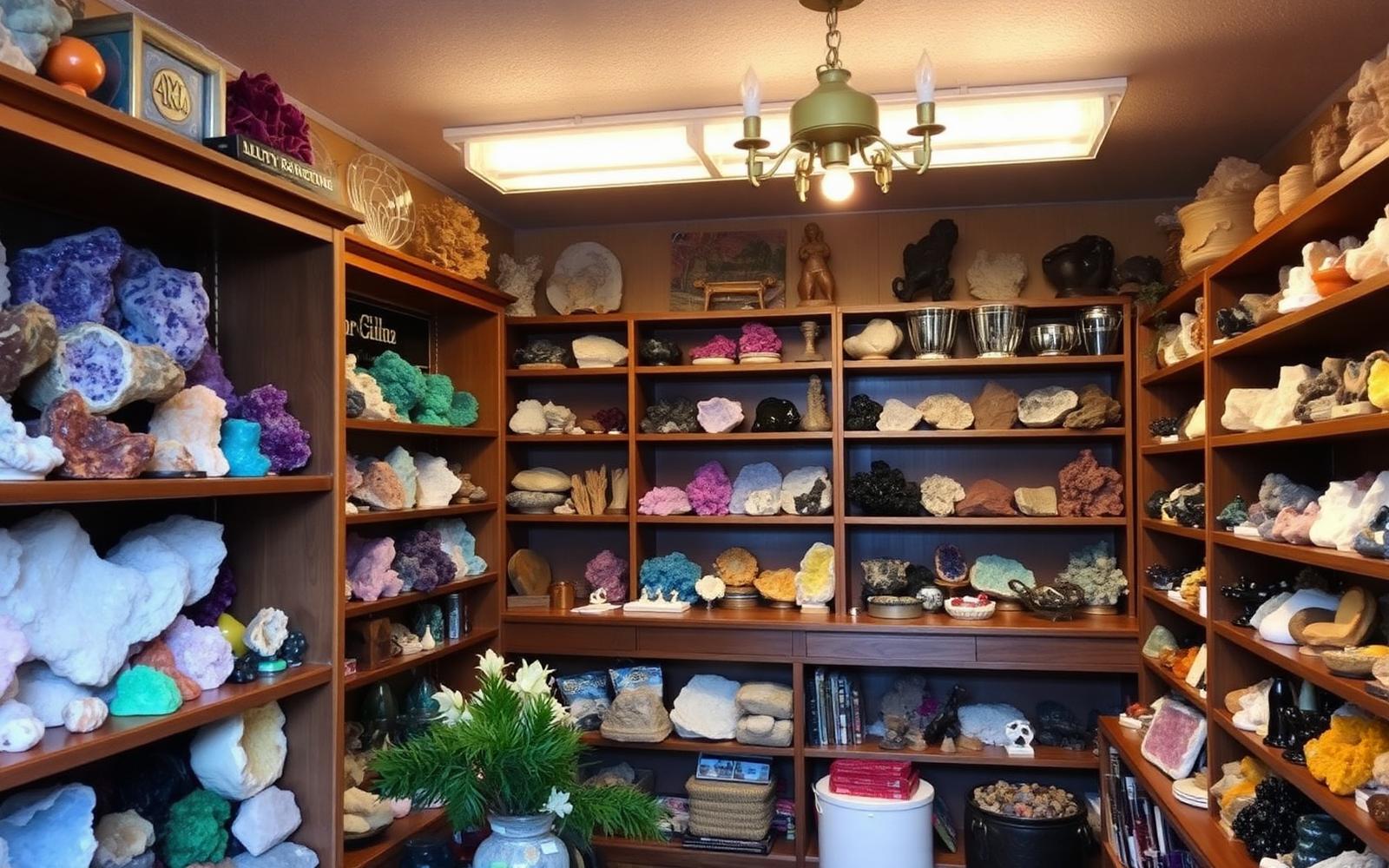 Inside Madani Rock World — shelves of crystals, agates, and Oregon minerals